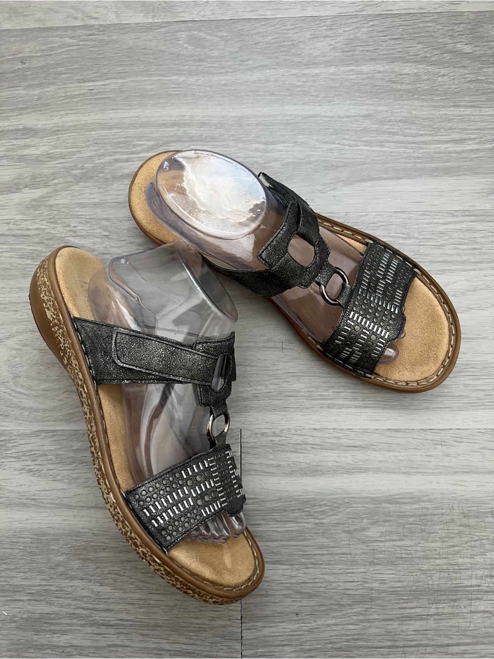 Rieker Metallic Black Textured Slide Sandals